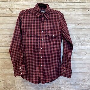Wrangler Mens S Shirt Red & Blue Plaid Western Pearl Snap Button Up & Cuffs‎